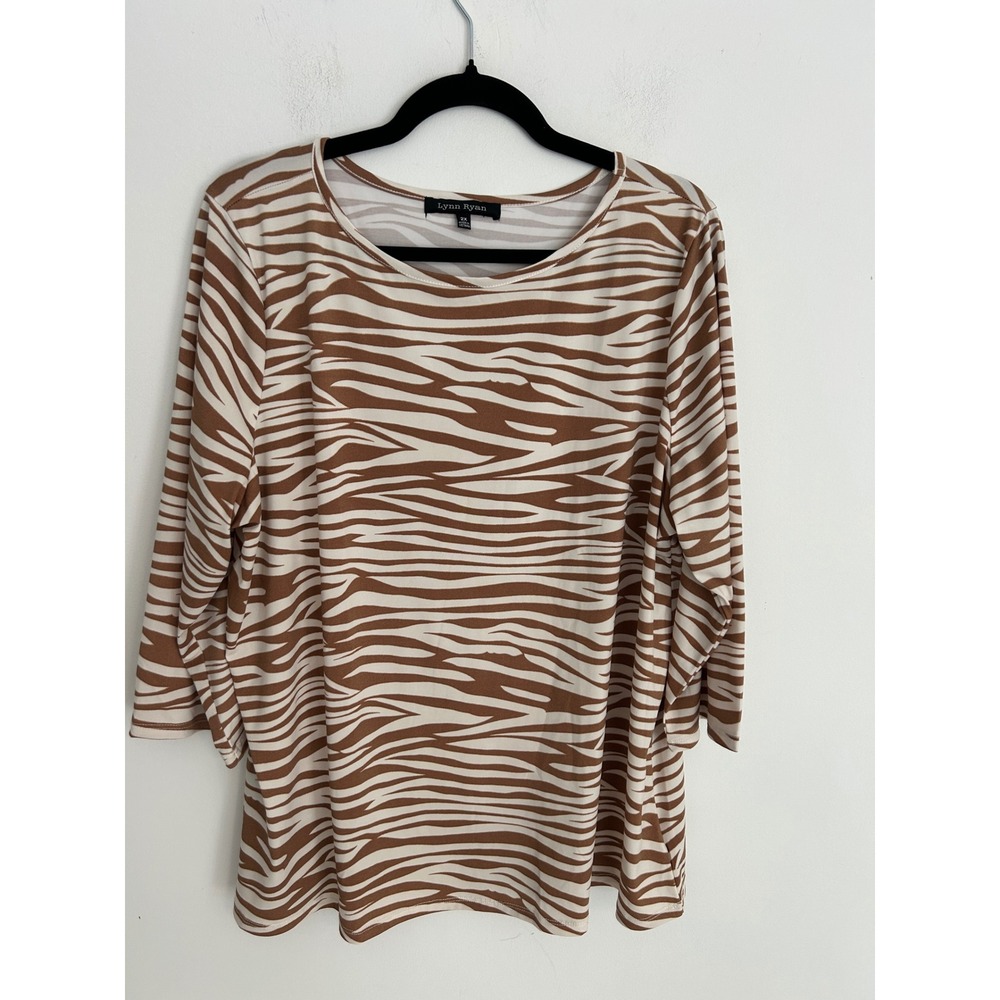 Lynn Ryan Women‎ 2X Brown White Zebra Print 3/4 Sleeve Top Relax Fit Crew Neck